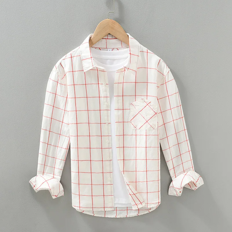 2023 Мъжки японската блуза от памук и лен в новата клетка с дълъг ръкав, ежедневни свободна младежка риза от тънък лен в литературния стил Изображение 0