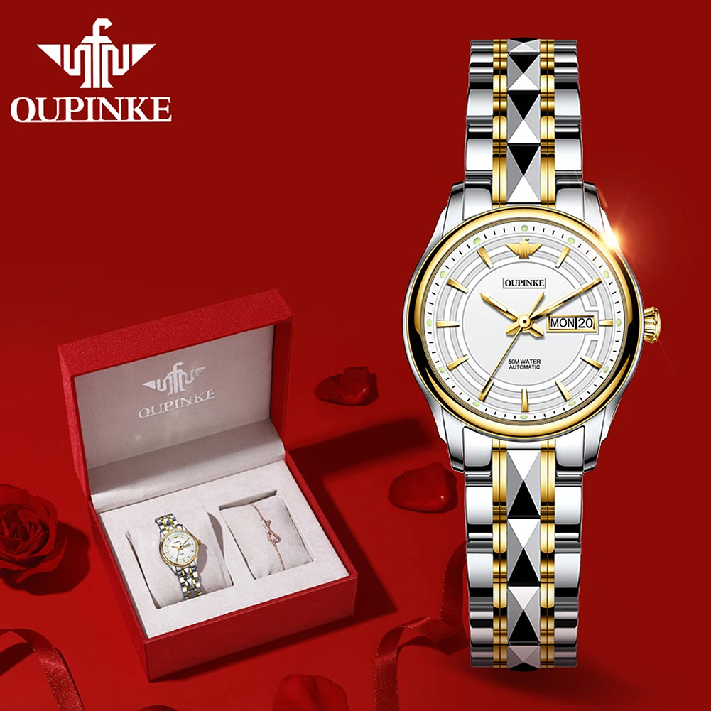 OUPINKE висок клас марка, луксозни дамски автоматичен механичен часовник водоустойчив с каишка за часовник от неръждаема стомана, автоматично дамски часовници, подаръчен комплект Изображение 0