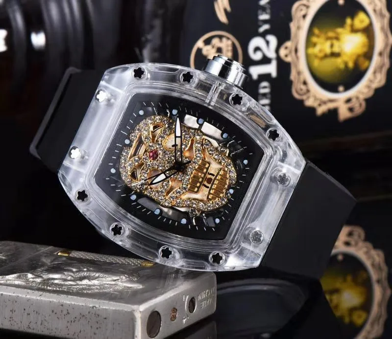 Водоустойчив часовник с черепа, мъжки часовник с каишка силикон, спортни кварцови часовници, мъжки часовници с хронограф с бриллиантовым циферблат Изображение 0