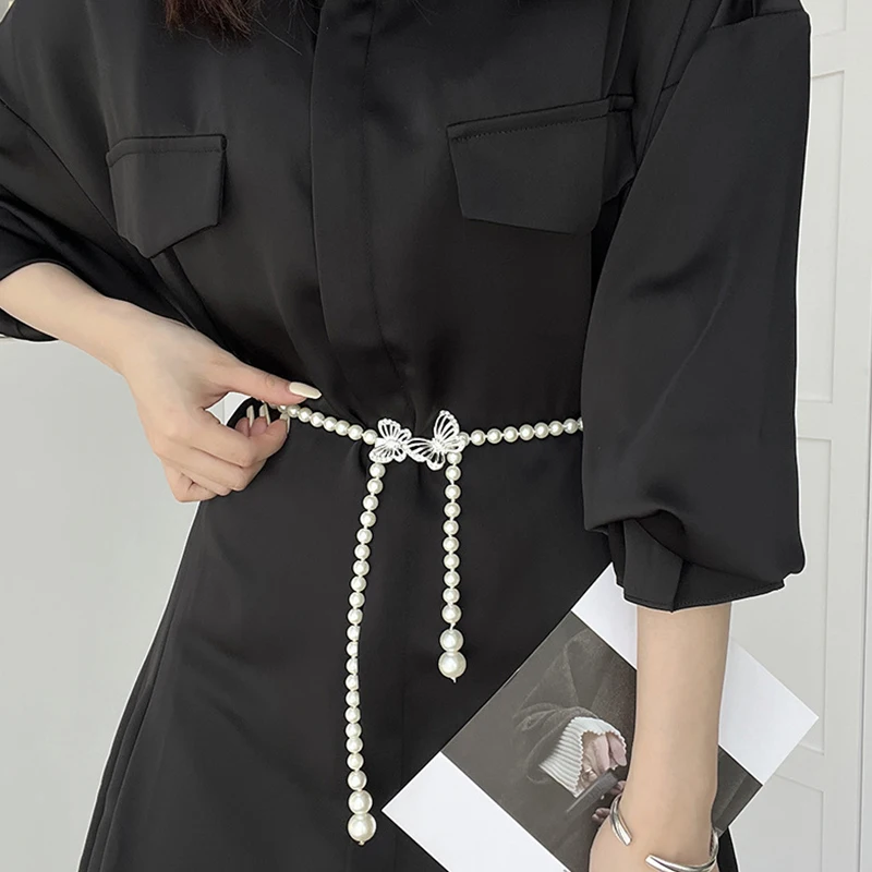 Елегантен перла колан за дама JK Korean Sweet Thin Skinny Waist Chain с катарама във формата на пеперуда и цвете, рокля, риза, декоративни бретельки Изображение 0