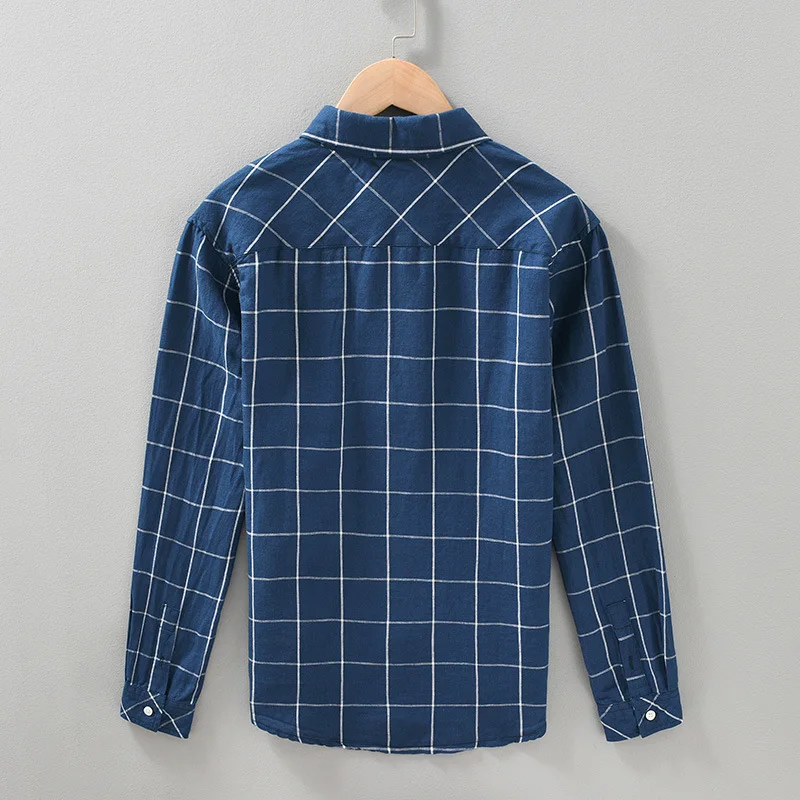 2023 Мъжки японската блуза от памук и лен в новата клетка с дълъг ръкав, ежедневни свободна младежка риза от тънък лен в литературния стил Изображение 1