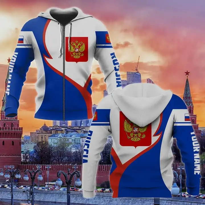 Hoody с качулка с флага на Русия 2023, 3D печат, ежедневни мъжки и женски пуловер на улица Харадзюку, потребителско име, hoody с цип Изображение 1