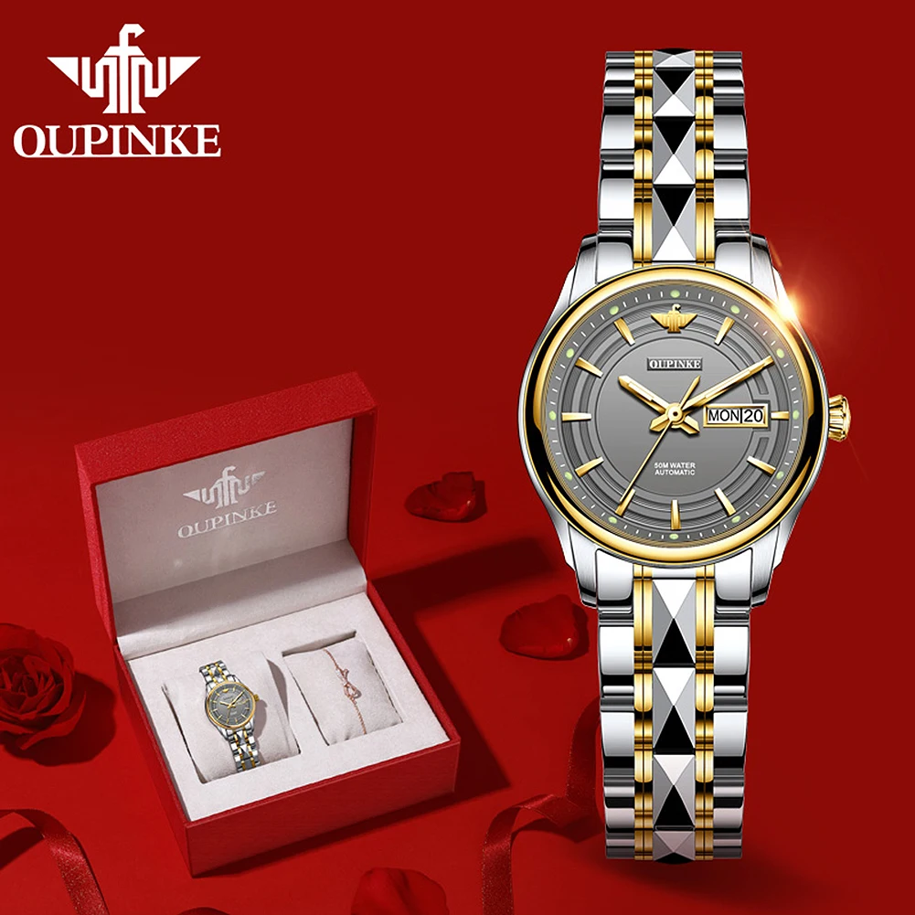 OUPINKE висок клас марка, луксозни дамски автоматичен механичен часовник водоустойчив с каишка за часовник от неръждаема стомана, автоматично дамски часовници, подаръчен комплект Изображение 1
