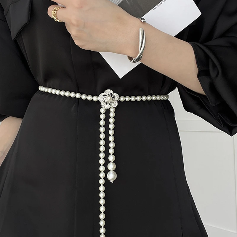 Елегантен перла колан за дама JK Korean Sweet Thin Skinny Waist Chain с катарама във формата на пеперуда и цвете, рокля, риза, декоративни бретельки Изображение 1