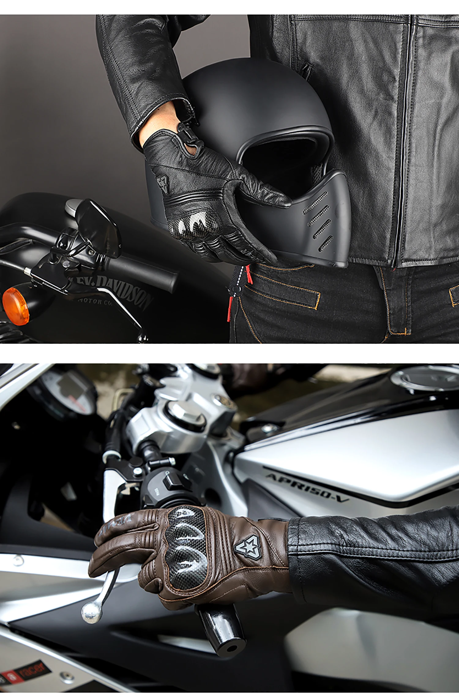 Лятна реколта кожени мотоциклетни ръкавици със защита от въглеродни влакна, ръкавици за мотокрос, мъжки ръкавици за мотоциклети racing със сензорен екран Изображение 1