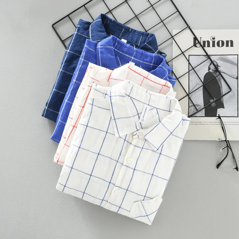 2023 Мъжки японската блуза от памук и лен в новата клетка с дълъг ръкав, ежедневни свободна младежка риза от тънък лен в литературния стил Изображение 2