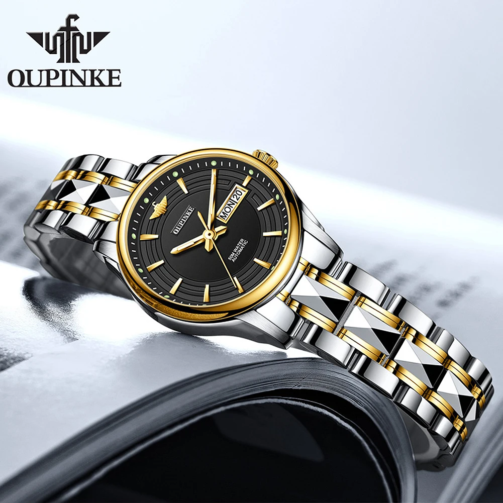 OUPINKE висок клас марка, луксозни дамски автоматичен механичен часовник водоустойчив с каишка за часовник от неръждаема стомана, автоматично дамски часовници, подаръчен комплект Изображение 2