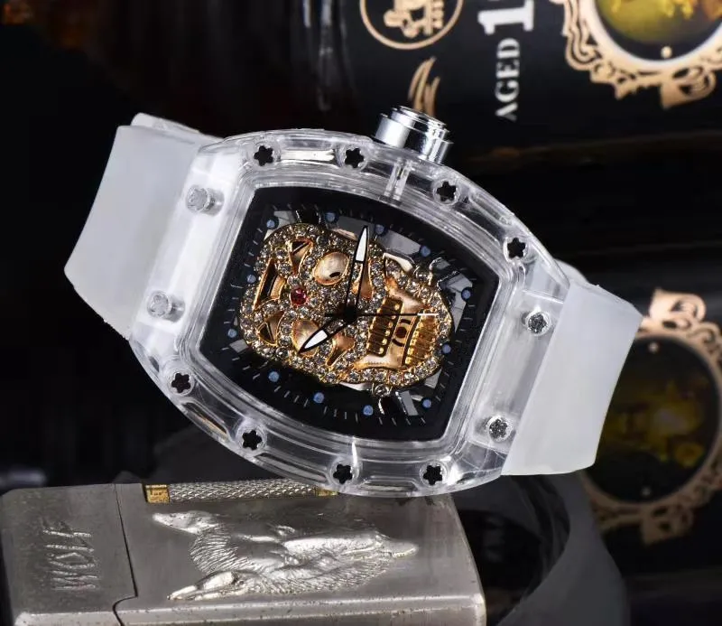 Водоустойчив часовник с черепа, мъжки часовник с каишка силикон, спортни кварцови часовници, мъжки часовници с хронограф с бриллиантовым циферблат Изображение 2