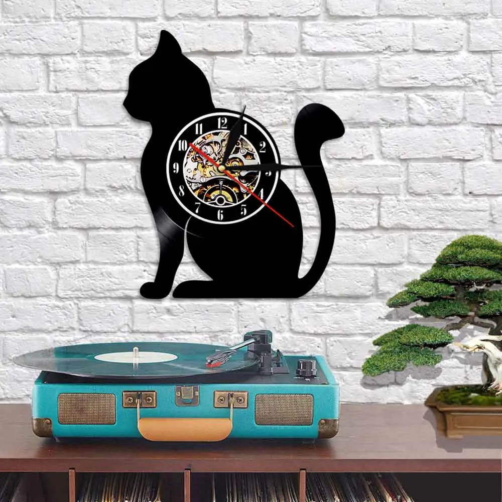 Стенен часовник с винил вътрешната плоскост Кити 3D Модерен дизайн, Стенни часовници с кошачьими животни Часовници за домашен интериор Relogio Parede Идея за подарък ръчна изработка Изображение 2