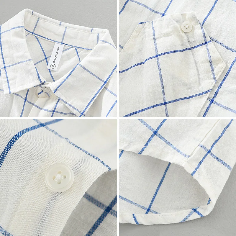 2023 Мъжки японската блуза от памук и лен в новата клетка с дълъг ръкав, ежедневни свободна младежка риза от тънък лен в литературния стил Изображение 3