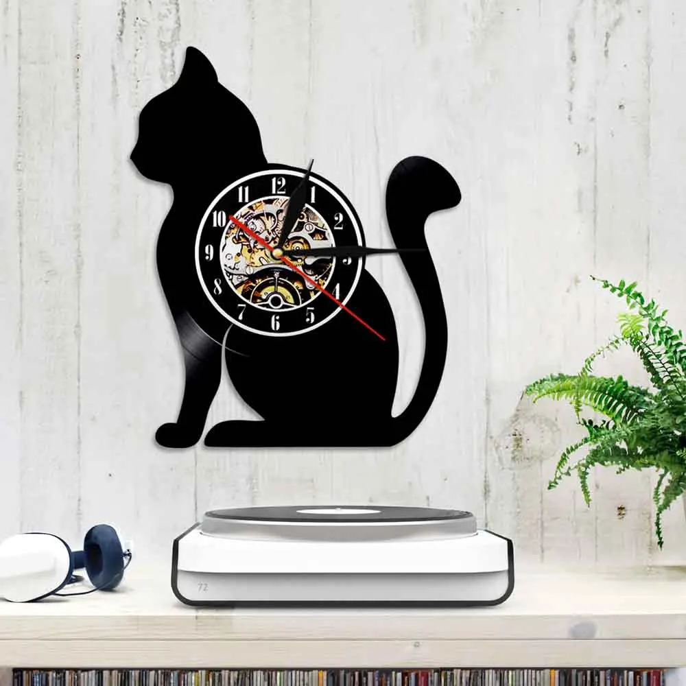 Стенен часовник с винил вътрешната плоскост Кити 3D Модерен дизайн, Стенни часовници с кошачьими животни Часовници за домашен интериор Relogio Parede Идея за подарък ръчна изработка Изображение 3