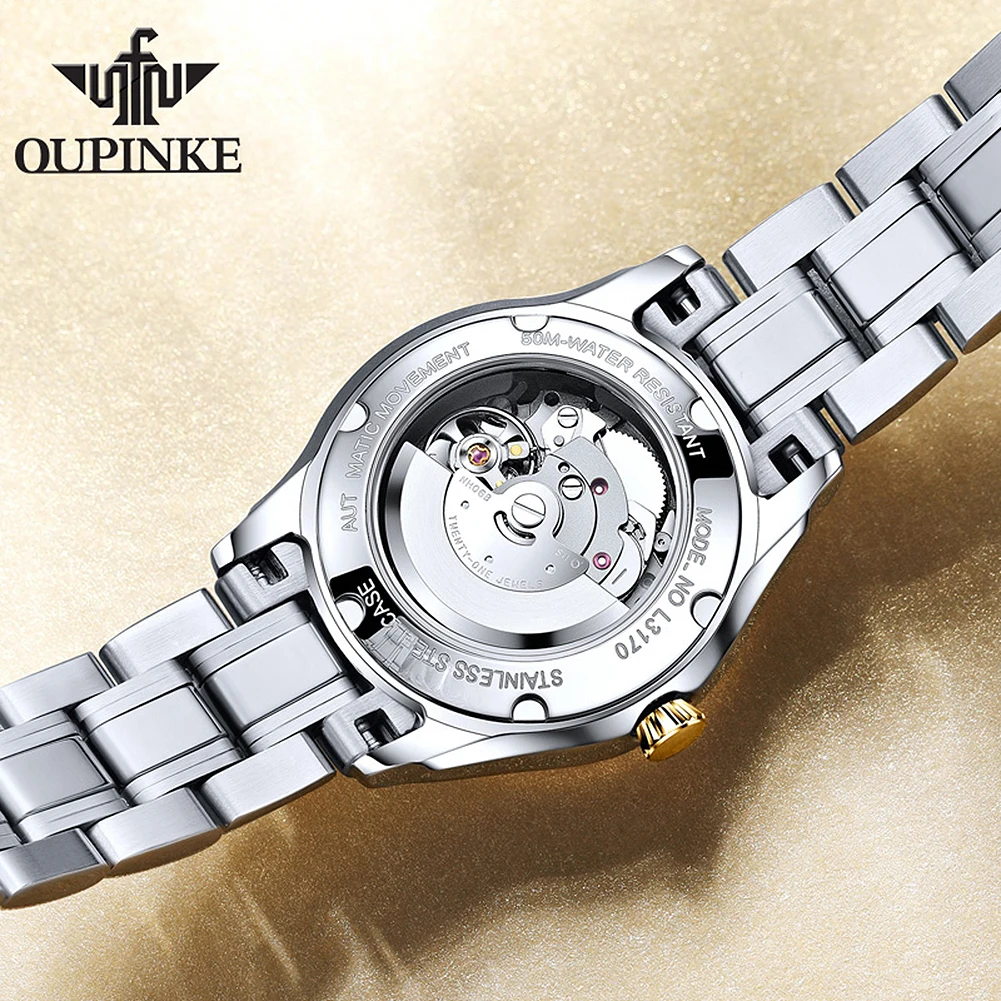 OUPINKE висок клас марка, луксозни дамски автоматичен механичен часовник водоустойчив с каишка за часовник от неръждаема стомана, автоматично дамски часовници, подаръчен комплект Изображение 4