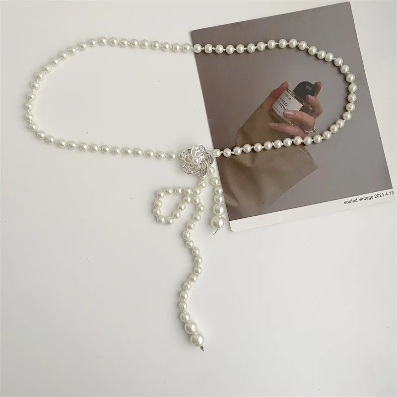 Елегантен перла колан за дама JK Korean Sweet Thin Skinny Waist Chain с катарама във формата на пеперуда и цвете, рокля, риза, декоративни бретельки Изображение 4