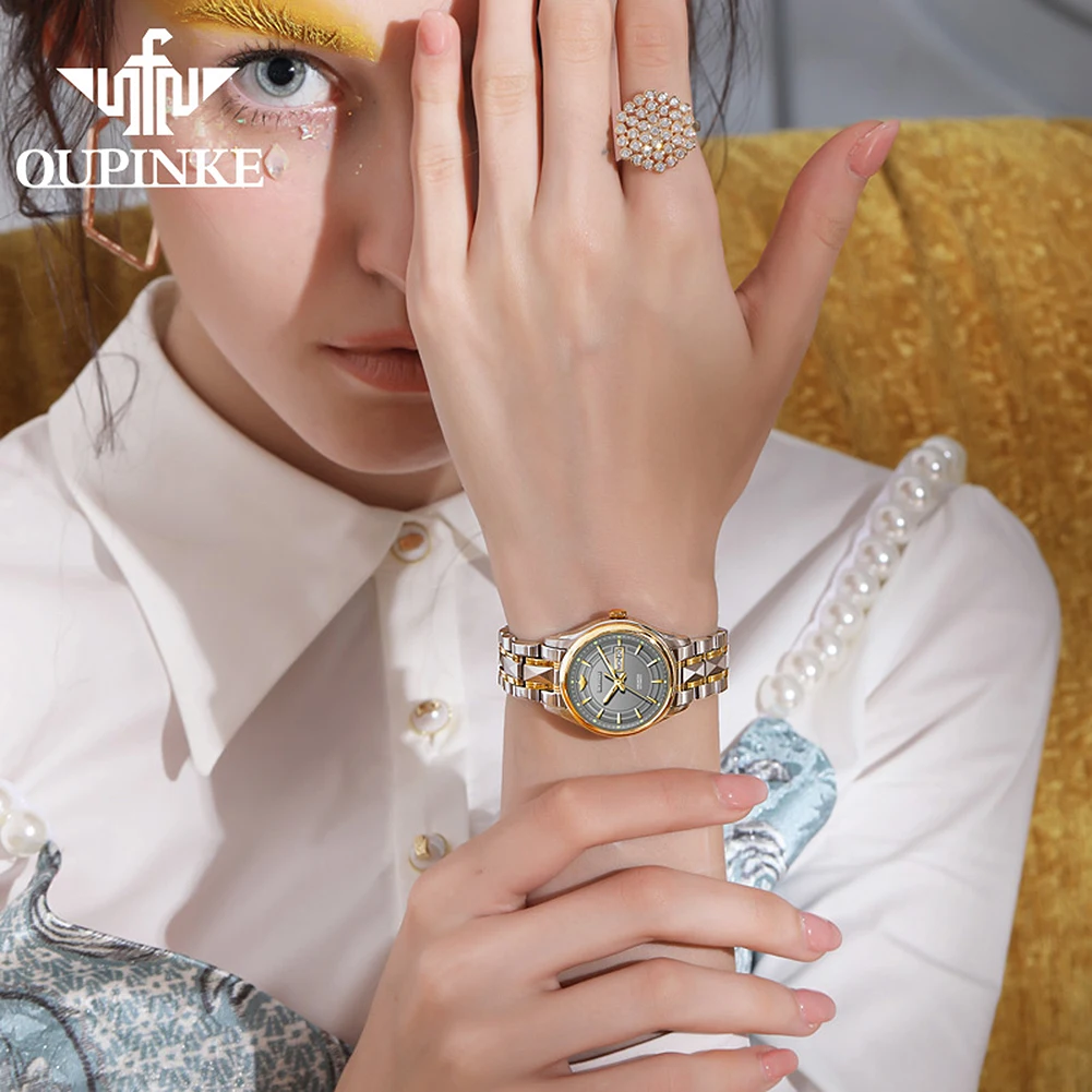 OUPINKE висок клас марка, луксозни дамски автоматичен механичен часовник водоустойчив с каишка за часовник от неръждаема стомана, автоматично дамски часовници, подаръчен комплект Изображение 5