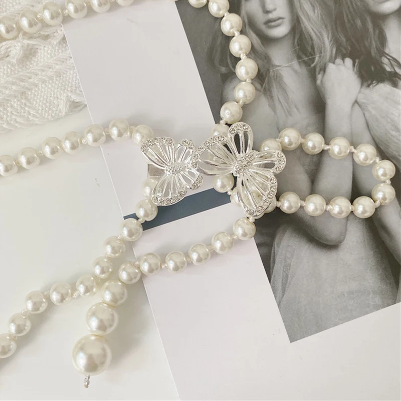 Елегантен перла колан за дама JK Korean Sweet Thin Skinny Waist Chain с катарама във формата на пеперуда и цвете, рокля, риза, декоративни бретельки Изображение 5